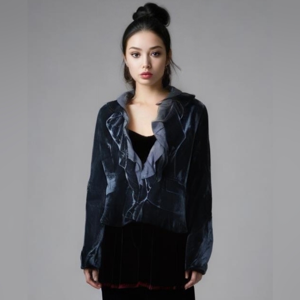 Women's Velvet Ruffle Collar Jacket - Dark Blue